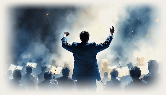 A conductor stands before a full orchestra, arms raised &mdash; every player capable, one Stewardship holding the whole performance.
