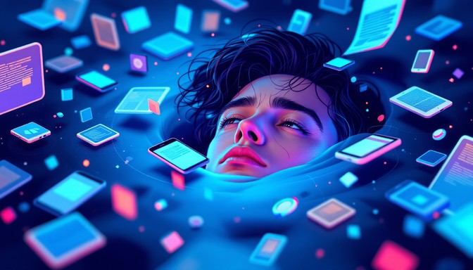 A face at the centre of dozens of floating screens and notifications &mdash; every platform demanding attention at once, with nobody holding the whole inventory.