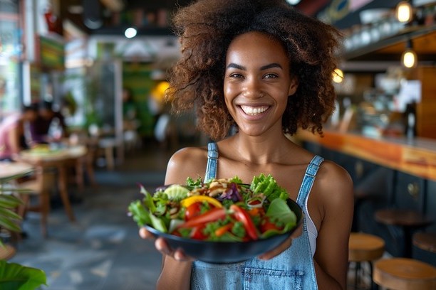 A member of staff carries a dish through an independent café, the room open behind her.