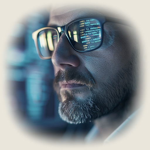 A close portrait of a person reading a live screen, the data reflected in their glasses — one person accountable for the position.