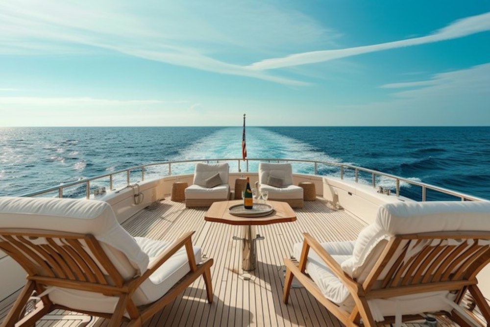 An open deck at sea, chairs facing an unbroken horizon with the wake trailing behind.