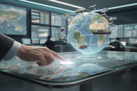 A hand reaches to a control surface showing a live global logistics picture.