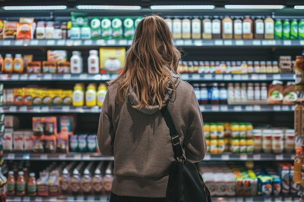 A shopper stands facing a full grocery shelf, reading the set before choosing.