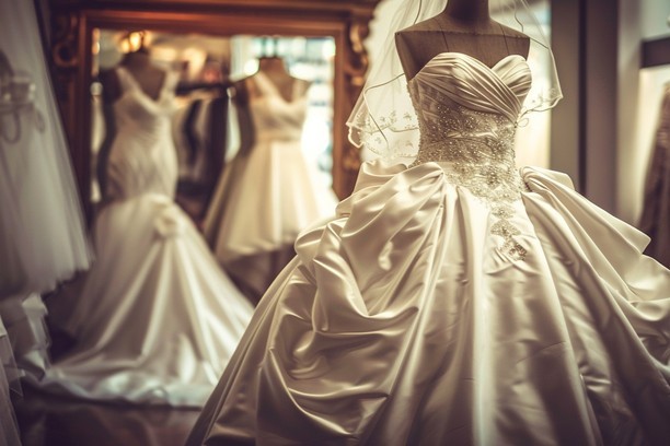 A structured gown on a form in a boutique, the rest of the range visible behind it.