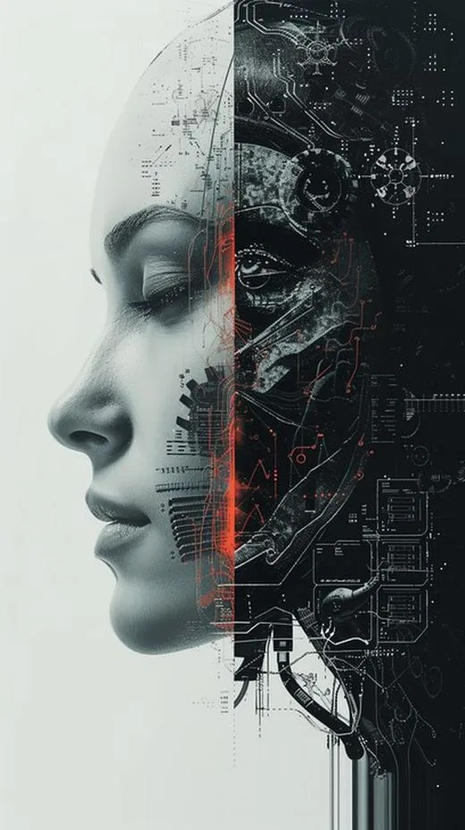 A face rendered half in human detail, half in machine schematic