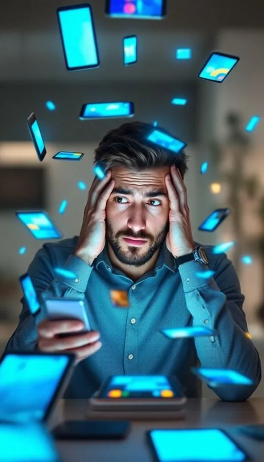 A marketer surrounded by a swarm of glowing screens