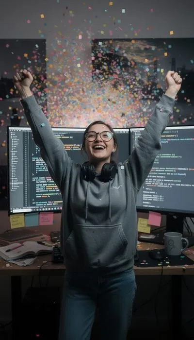 A marketer celebrating at a desk of screens